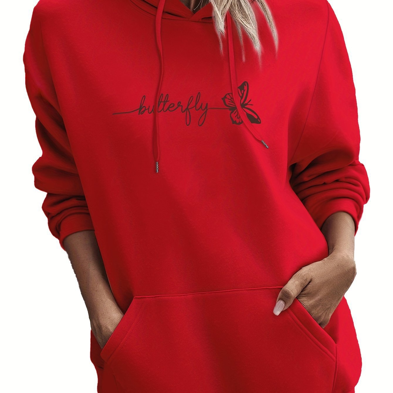 Womens Casual Hoodie With Drawstring And Butterfly Print Just design