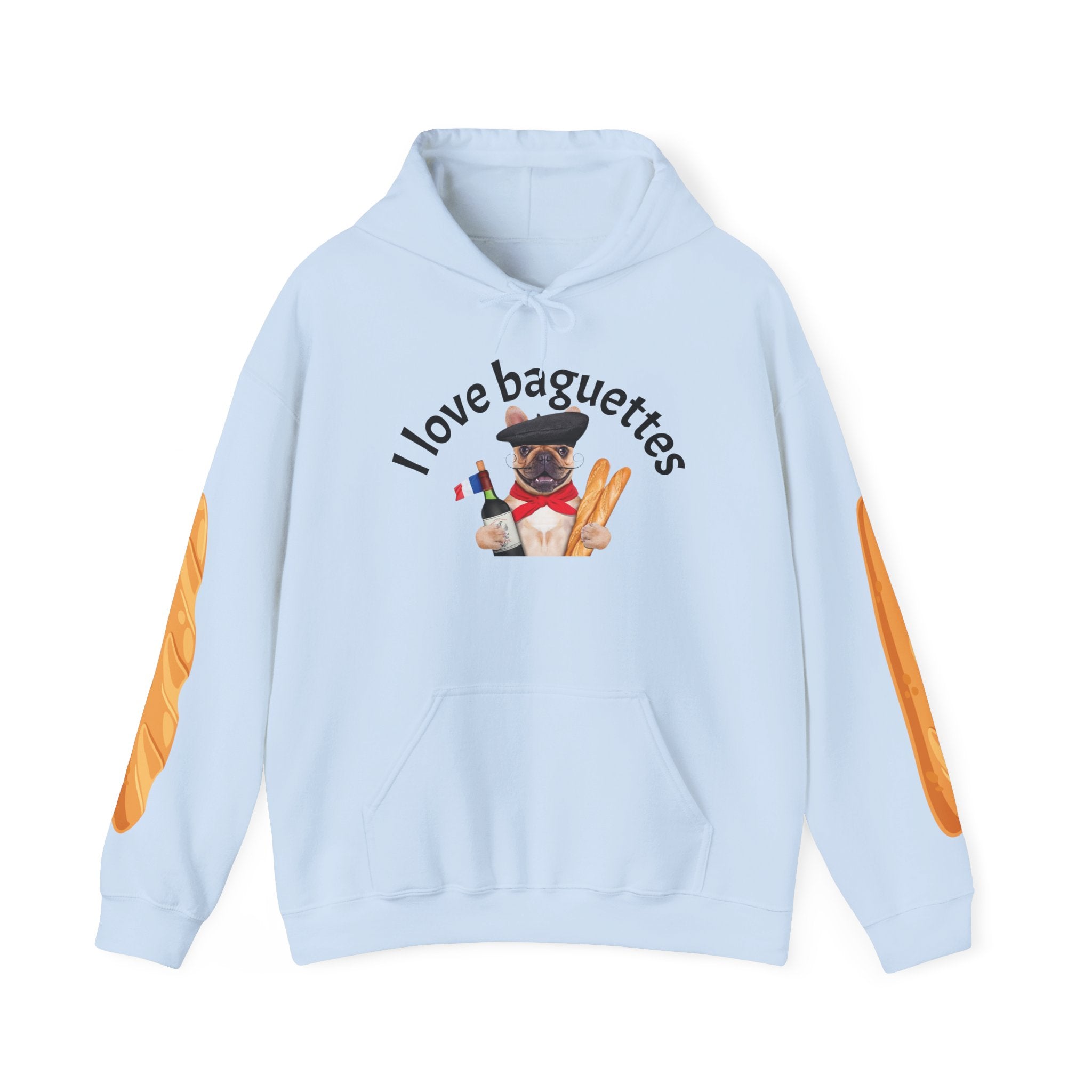 I Love Baguettes Hoodie — Cute French Pug Holding Baguette Pullover Printify