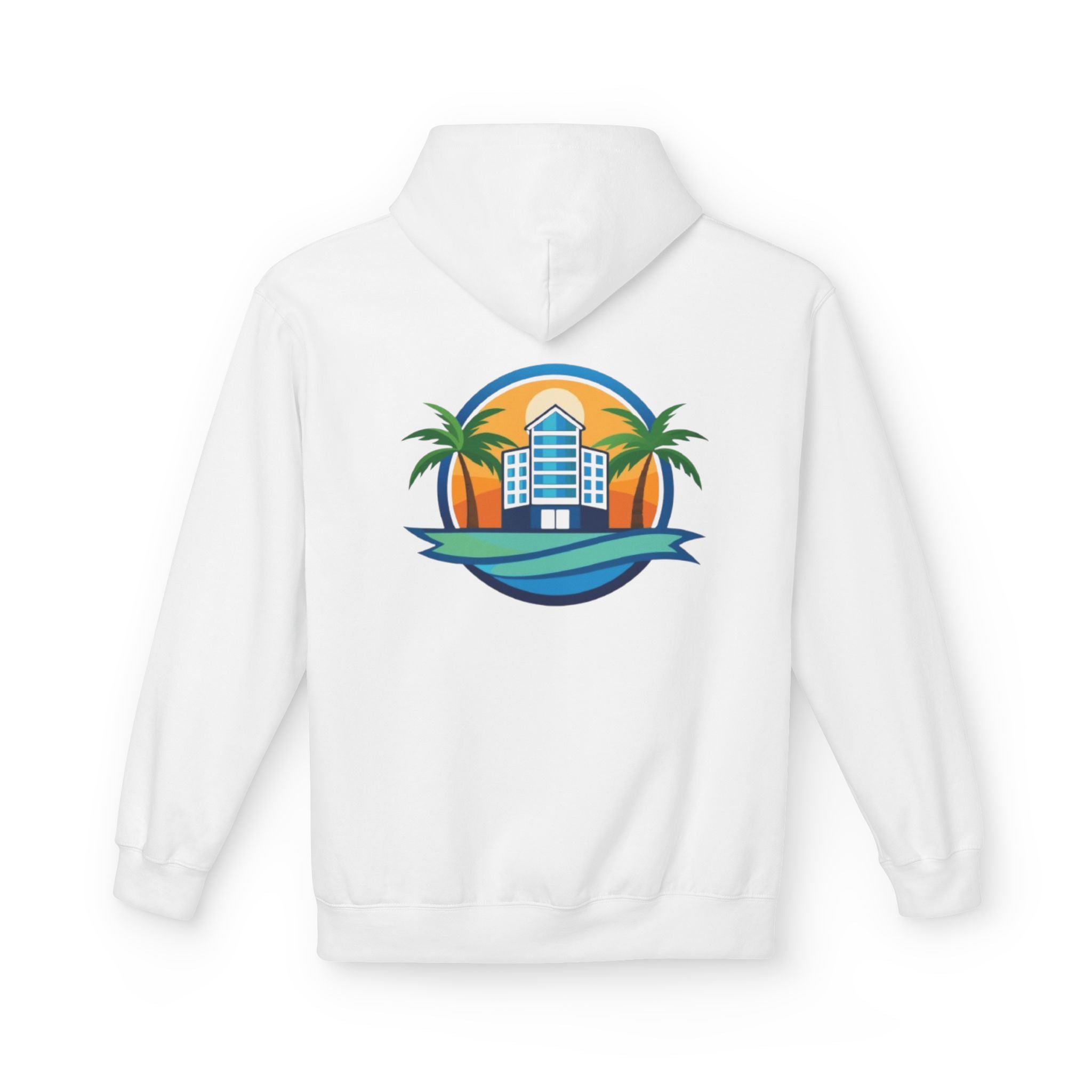Beachfront Resort Hoodie — Tropical Palm & Sunset Travel Pullover Printify