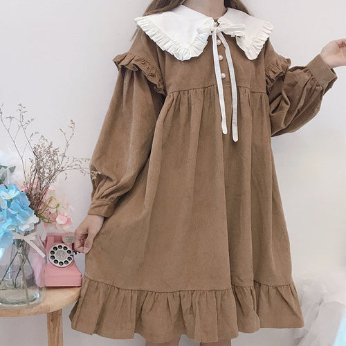 Japanese Soft Girl Cute Navy Collar Puff Sleeve Lace Detachable Loose Corduroy Dress Just design