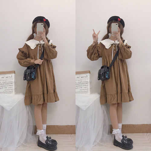 Japanese Soft Girl Cute Navy Collar Puff Sleeve Lace Detachable Loose Corduroy Dress Just design
