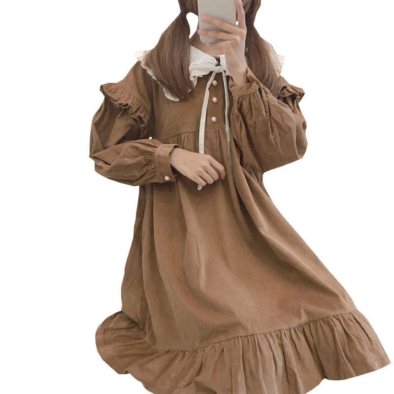 Japanese Soft Girl Cute Navy Collar Puff Sleeve Lace Detachable Loose Corduroy Dress Just design