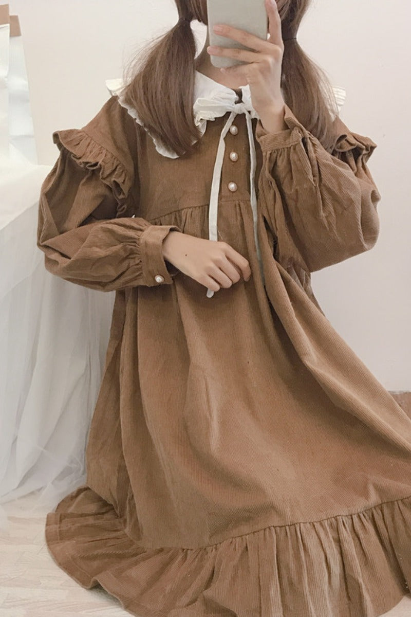 Japanese Soft Girl Cute Navy Collar Puff Sleeve Lace Detachable Loose Corduroy Dress Just design