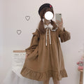 Japanese Soft Girl Cute Navy Collar Puff Sleeve Lace Detachable Loose Corduroy Dress Just design