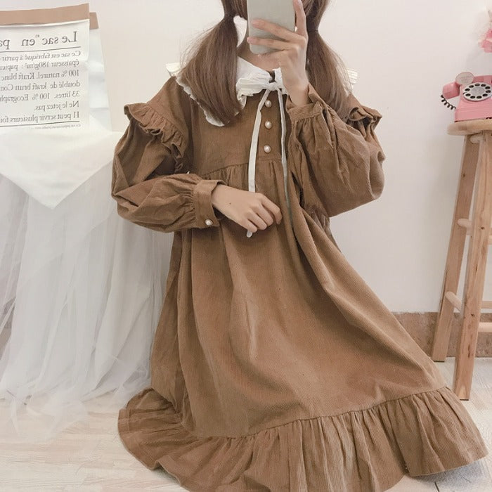 Japanese Soft Girl Cute Navy Collar Puff Sleeve Lace Detachable Loose Corduroy Dress Just design