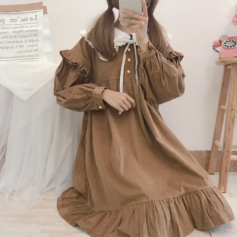 Japanese Soft Girl Cute Navy Collar Puff Sleeve Lace Detachable Loose Corduroy Dress Just design