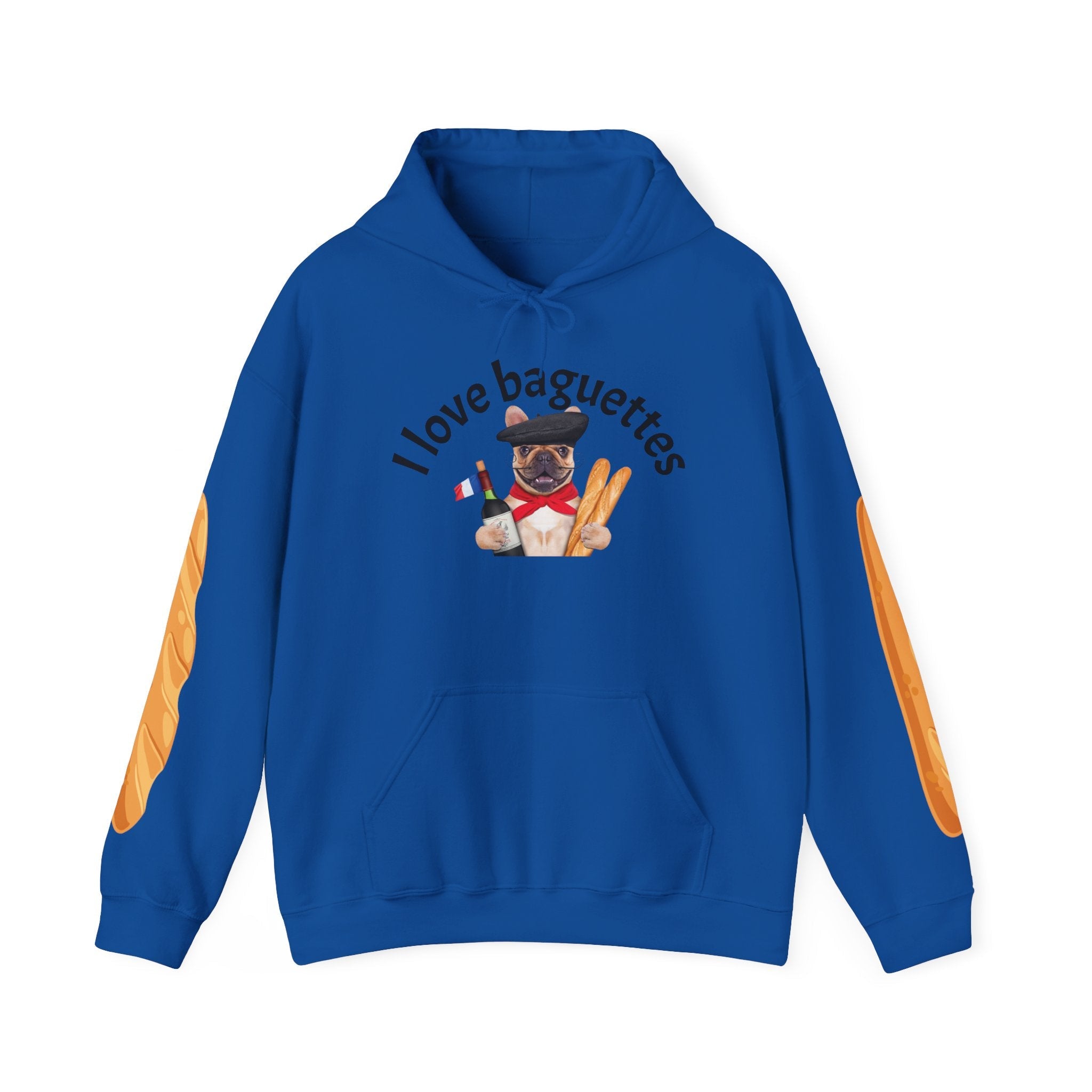 I Love Baguettes Hoodie — Cute French Pug Holding Baguette Pullover Printify