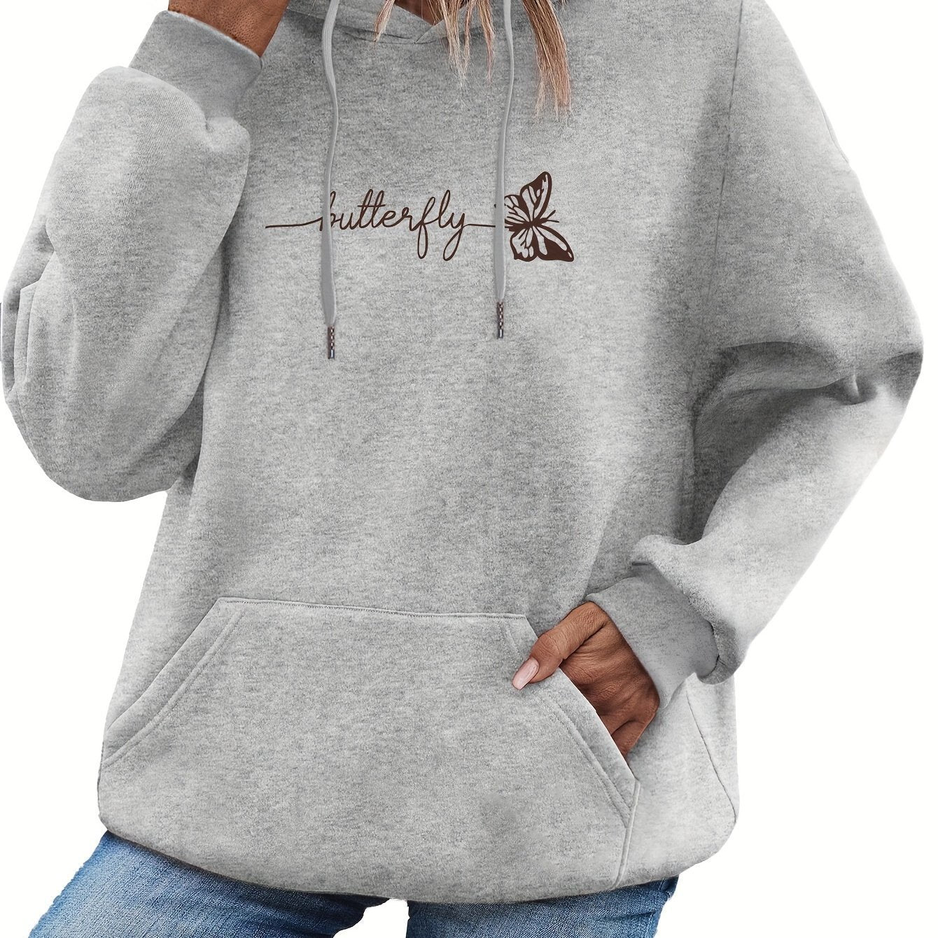 Womens Casual Hoodie With Drawstring And Butterfly Print Just design
