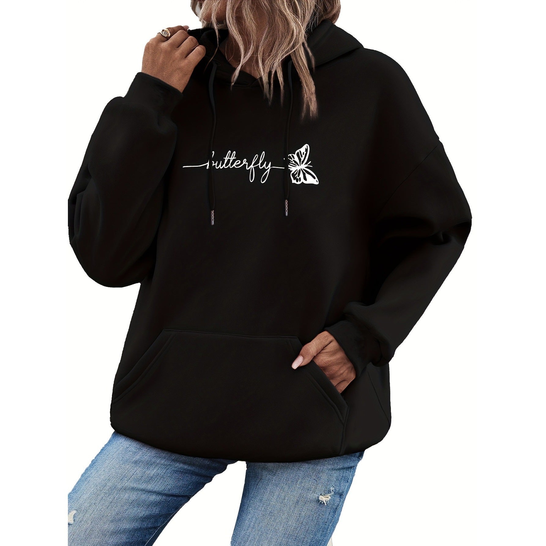 Womens Casual Hoodie With Drawstring And Butterfly Print Just design