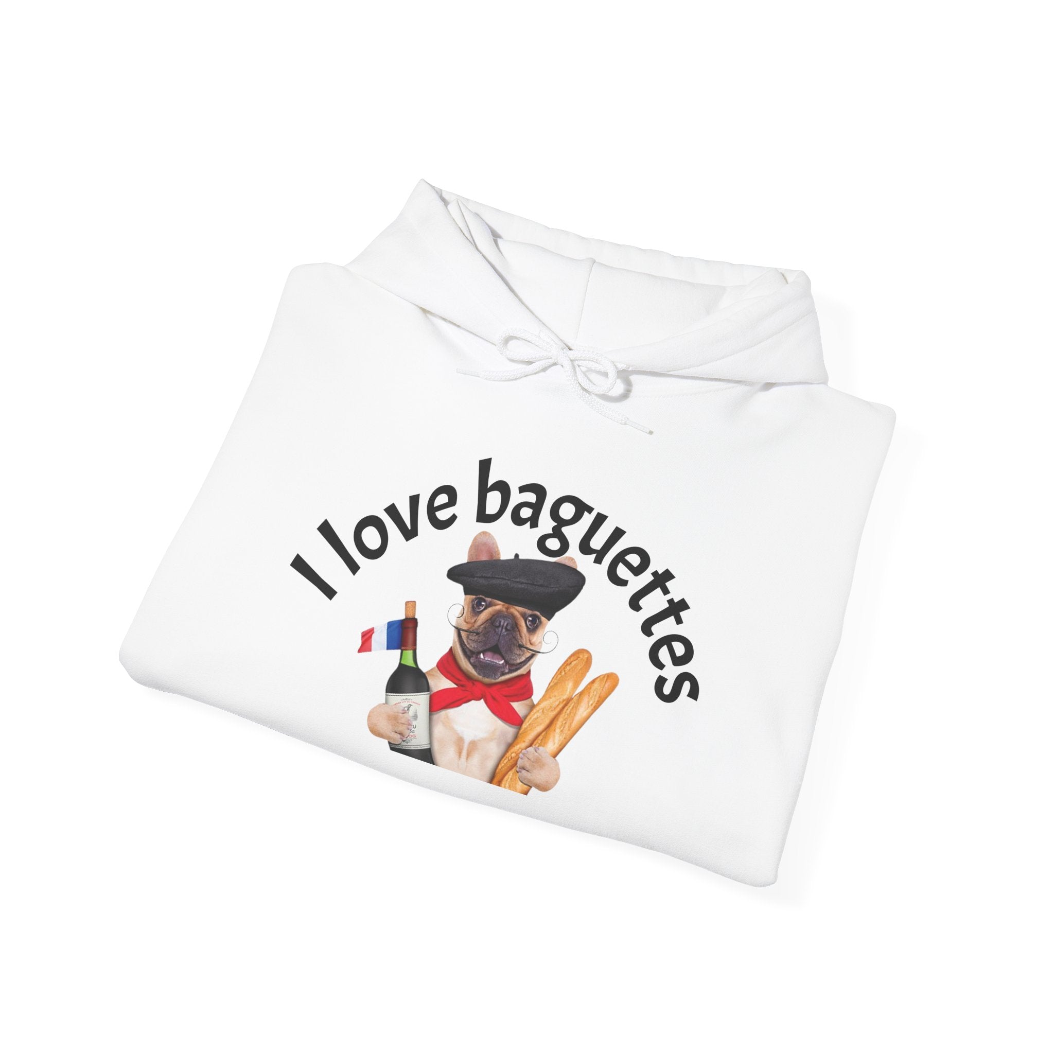 I Love Baguettes Hoodie — Cute French Pug Holding Baguette Pullover Printify