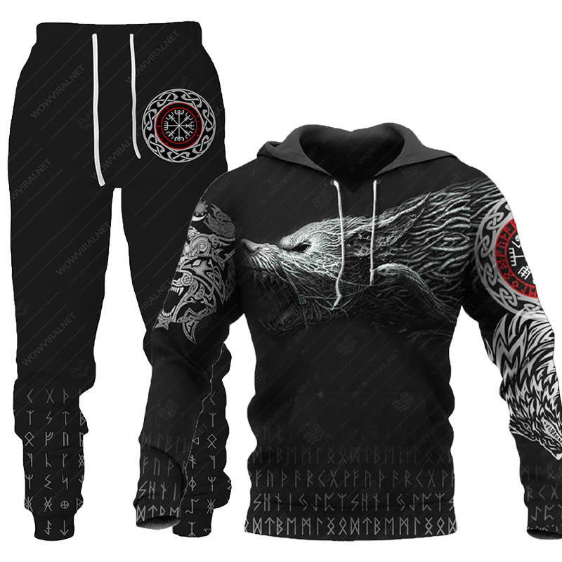 3D Wolf Print Tracksuit Men Sportswear Hooded Sweatsuit Two Piece Outdoors Running Fitness Mens Clothing Jogging Set Just design