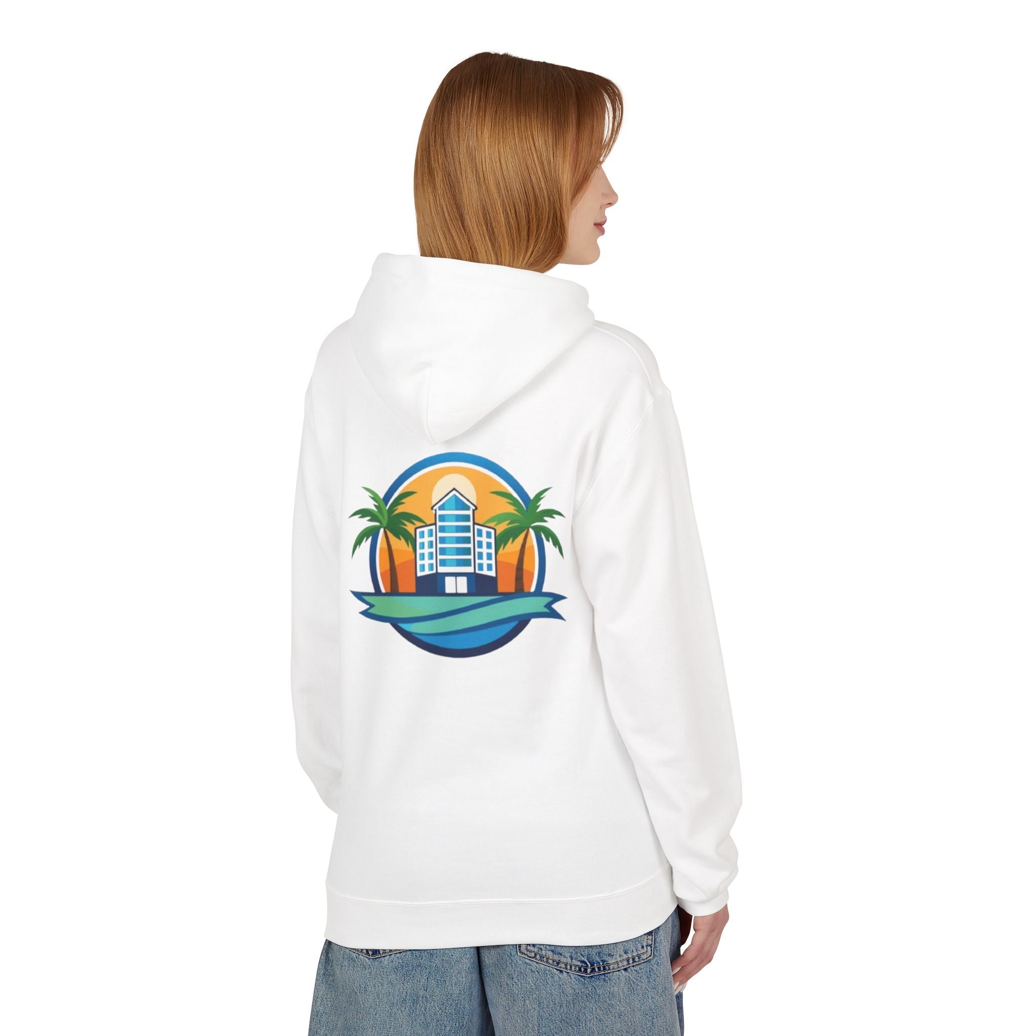 Beachfront Resort Hoodie — Tropical Palm & Sunset Travel Pullover Printify