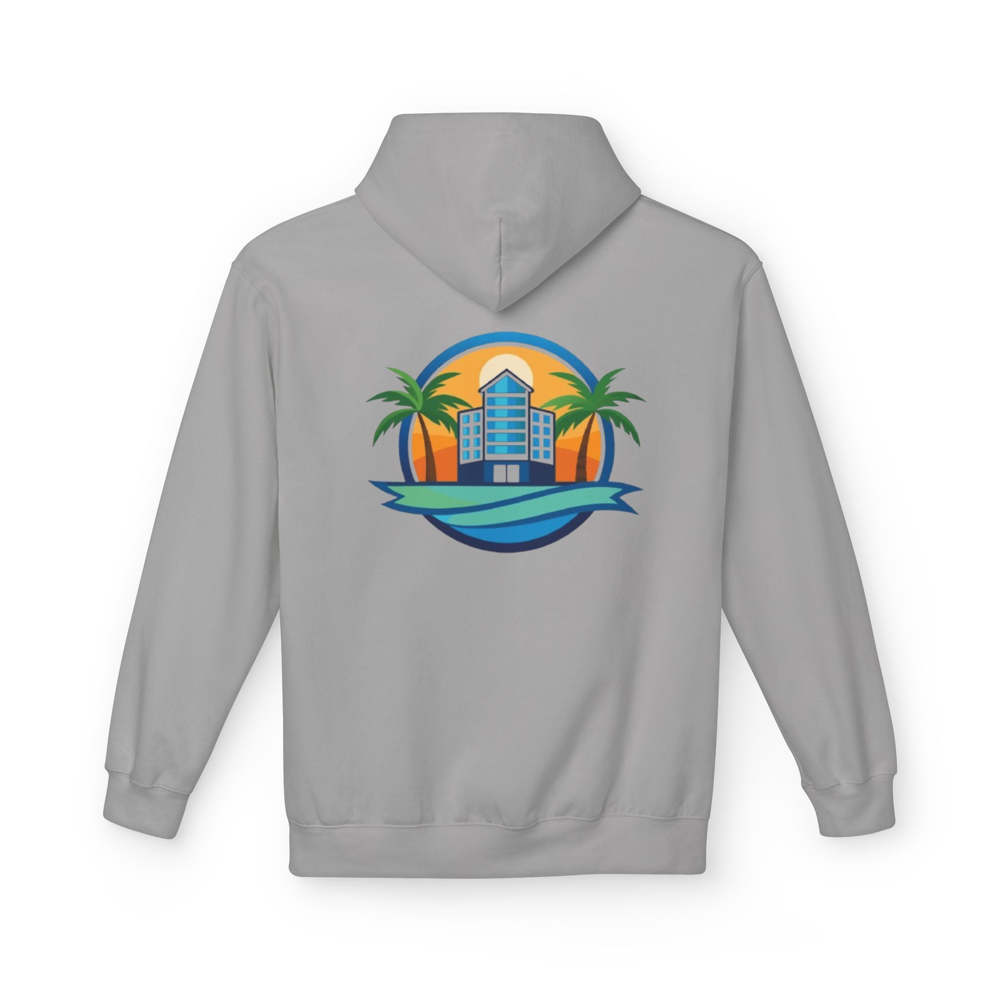 Beachfront Resort Hoodie — Tropical Palm & Sunset Travel Pullover Printify
