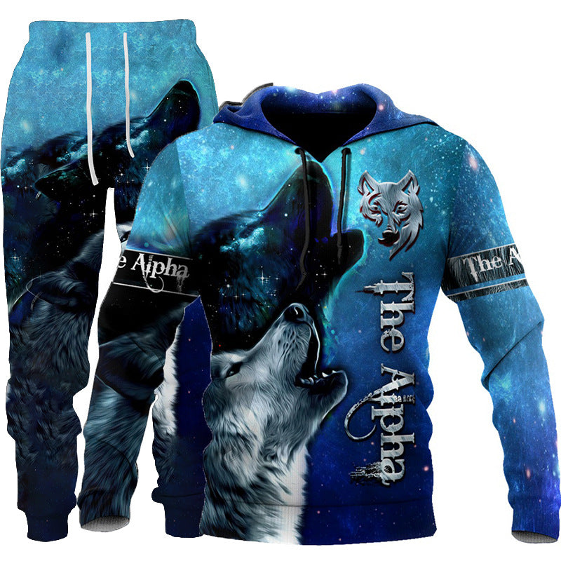 3D Wolf Print Tracksuit Men Sportswear Hooded Sweatsuit Two Piece Outdoors Running Fitness Mens Clothing Jogging Set Just design
