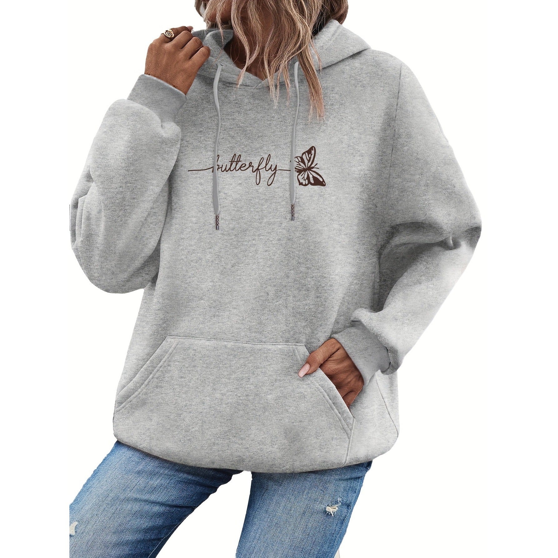 Womens Casual Hoodie With Drawstring And Butterfly Print Just design