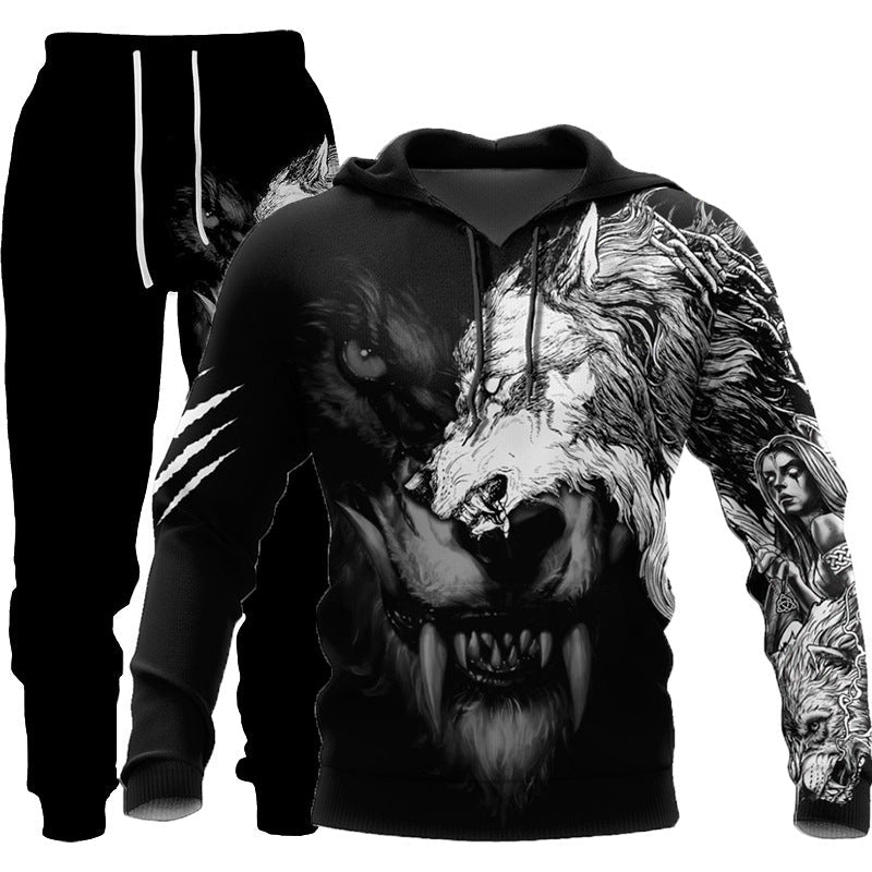 3D Wolf Print Tracksuit Men Sportswear Hooded Sweatsuit Two Piece Outdoors Running Fitness Mens Clothing Jogging Set Just design