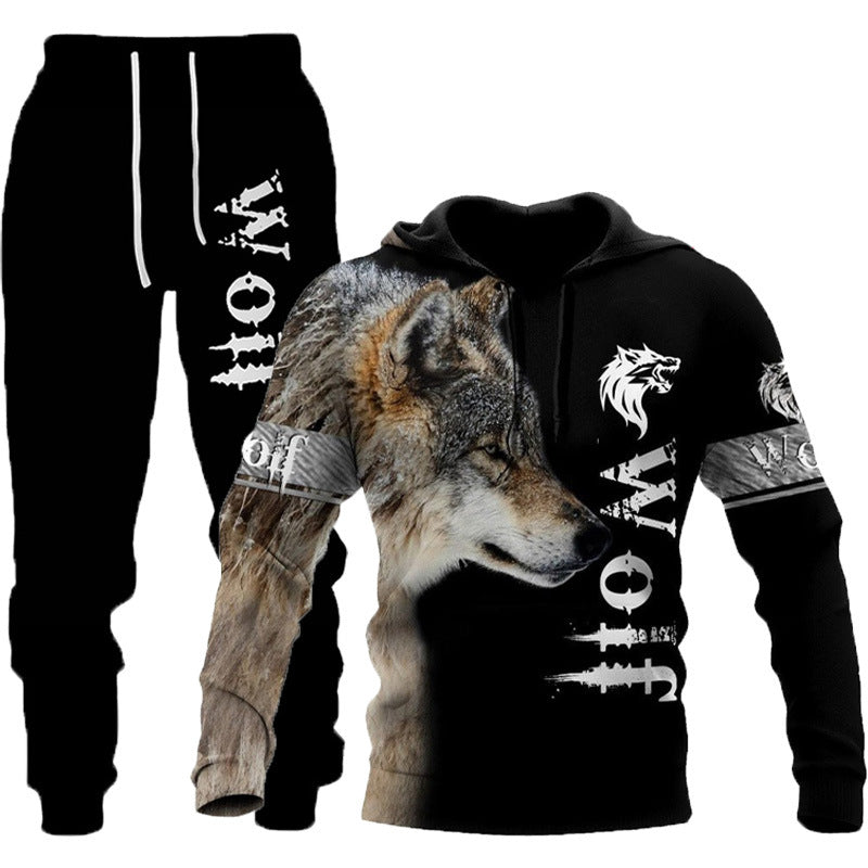 3D Wolf Print Tracksuit Men Sportswear Hooded Sweatsuit Two Piece Outdoors Running Fitness Mens Clothing Jogging Set Just design