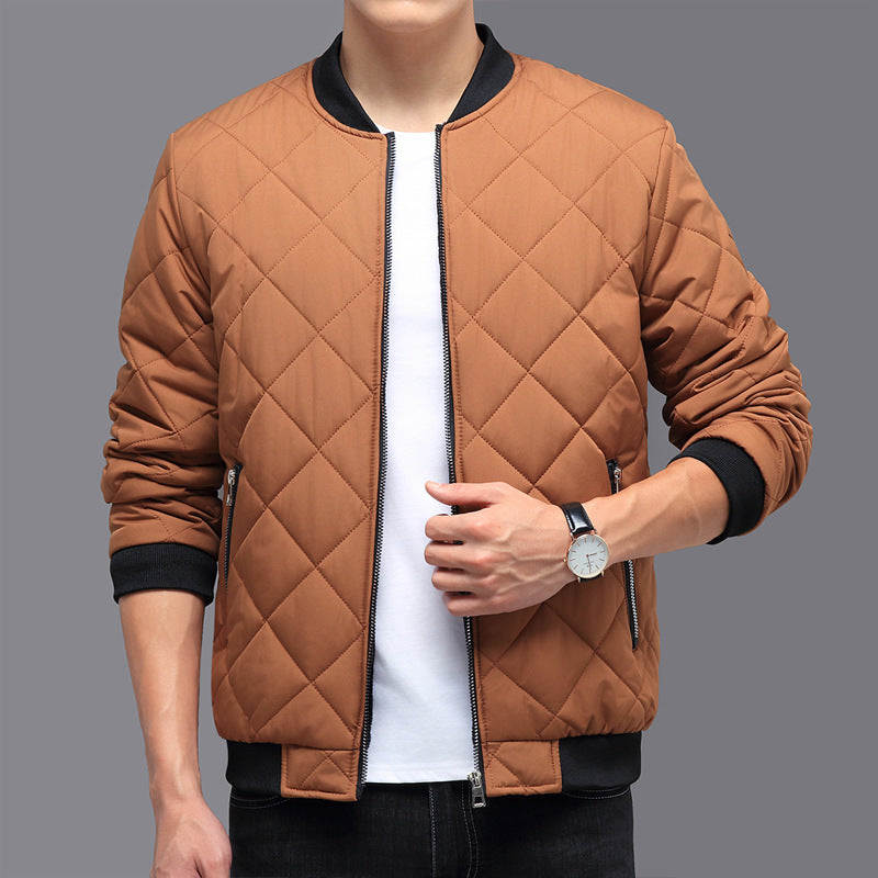 Fashion Rhombic-sewing Design Cotton Coat Winter Warm Thickened Baseball Jacket Casual Solid Color Outwear Clothing For Men Just design