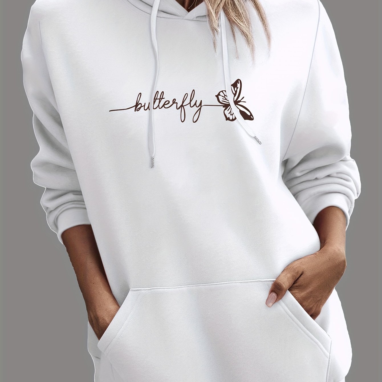Womens Casual Hoodie With Drawstring And Butterfly Print Just design