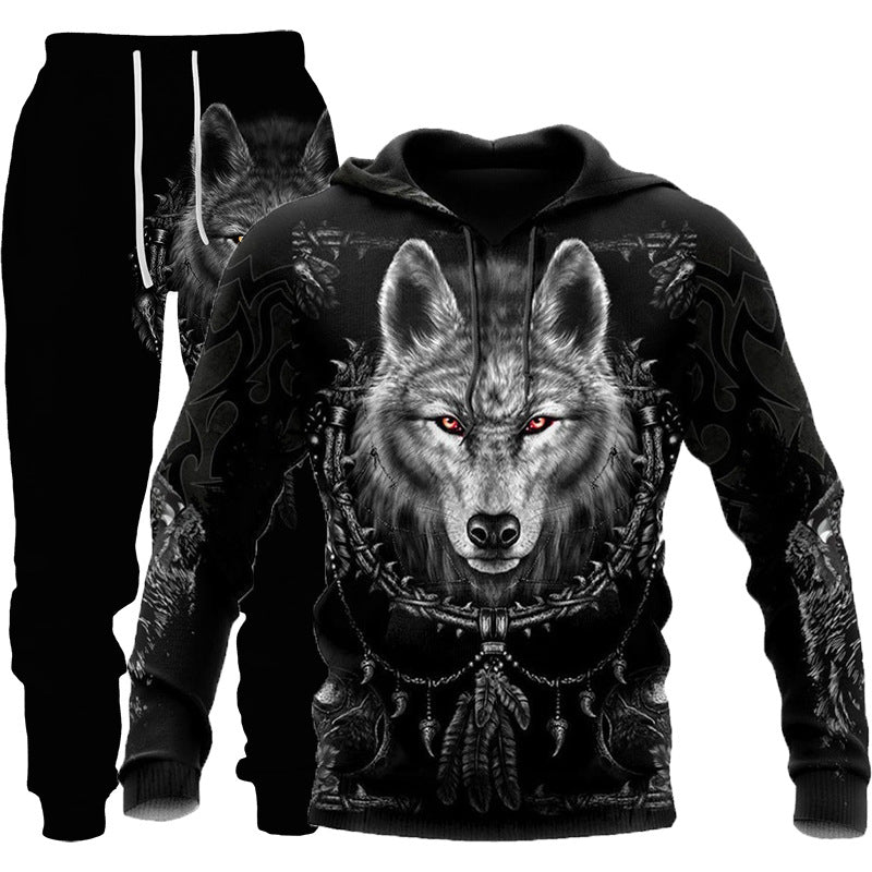3D Wolf Print Tracksuit Men Sportswear Hooded Sweatsuit Two Piece Outdoors Running Fitness Mens Clothing Jogging Set Just design
